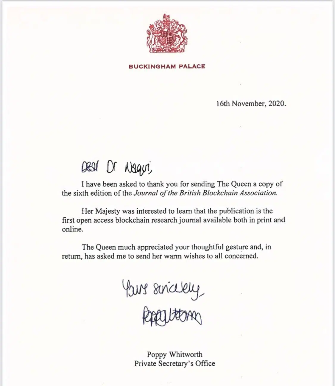The Queen of England was pleased to receive material studying blockchain technology and sent a letter of thanks
